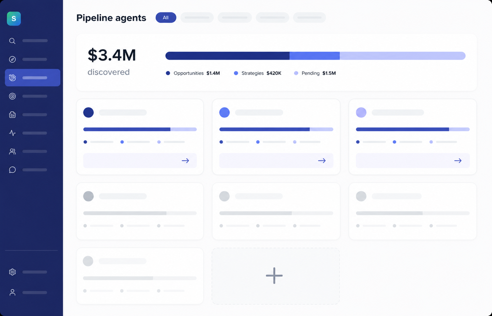 Pipeline agents dashboard showing discovered revenue and agent cards